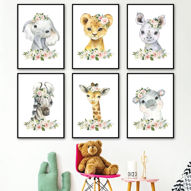 Baby Nursery Girl - 花柄ジャングル動物キャンバスプリント保育園装飾象キリン絵画壁写真北欧ポスター女の赤ちゃんの部屋用