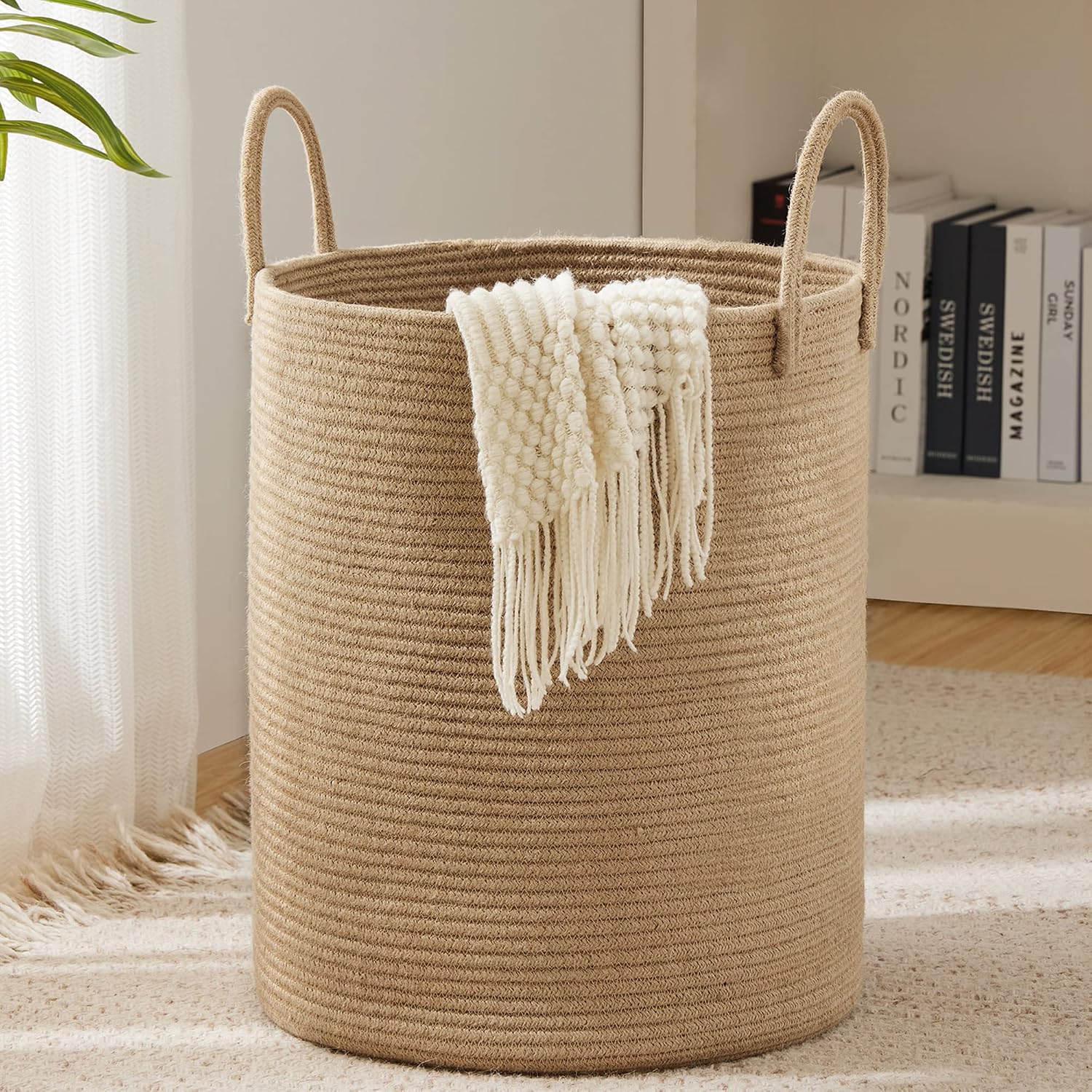 Baby Nursery Laundry Basket - ロープ製ランドリーバスケット、58L背高ランドリーバスケット、ベビー保育園用毛布収納バスケット（寝室用）-大型-ジュート製