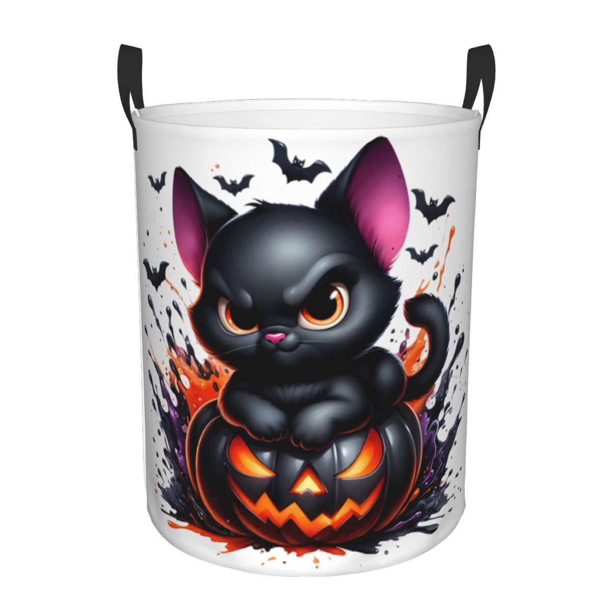 Baby Nursery Laundry Basket - ハロウィン黒猫とカボチャ柄ランドリーバスケット、折りたたみ式ベビーハンパー、保育園のおもちゃ収納ボックス