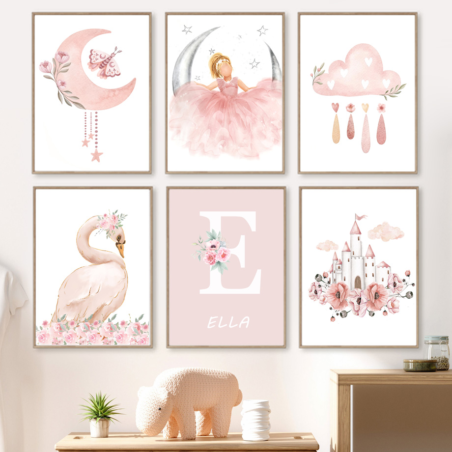 Baby Nursery Girl - ピンクの天使の女の子日月雲白鳥城壁アート保育園キャンバス絵画北欧ポスタープリント写真ベビーキッズルームの装飾
