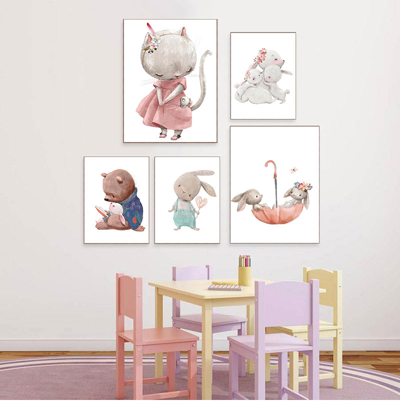 Baby Nursery Art - 1PC フレームレス装飾アートプリント、クマウサギアートキャンバスプリントベビーバニーポスター保育園絵画花動物ウォールアートノルディ