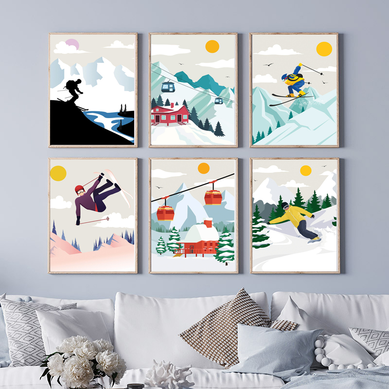 Baby Nursery Themes Boy - ミニマリストな雪山キャンバスウォールアート - スキー＆スノーボードスポーツをテーマにしたリビングルーム用装飾ポスターとプリント