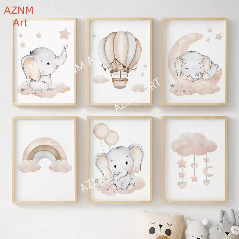 Baby Nursery Wall Art - 象バルーン虹月星雲スイングベビーキッズポスター壁アート保育園キャンバスプリントホームルーム装飾写真