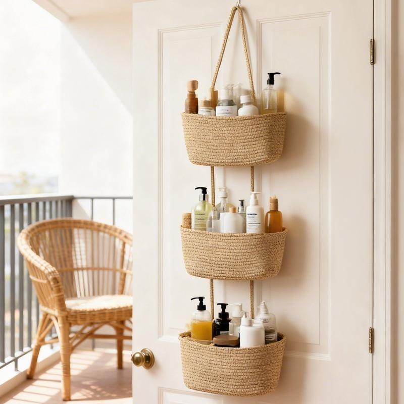 Baby Nursery Laundry Basket - 3段式織り綿製吊り下げ収納バスケット、ドア掛けオーガナイザー、壁掛けジュートロープバスケット、保育園の装飾、赤ちゃんのおもちゃ、おむつ収納、バスルーム、ランドリールーム、家の整理整頓用、フック付き