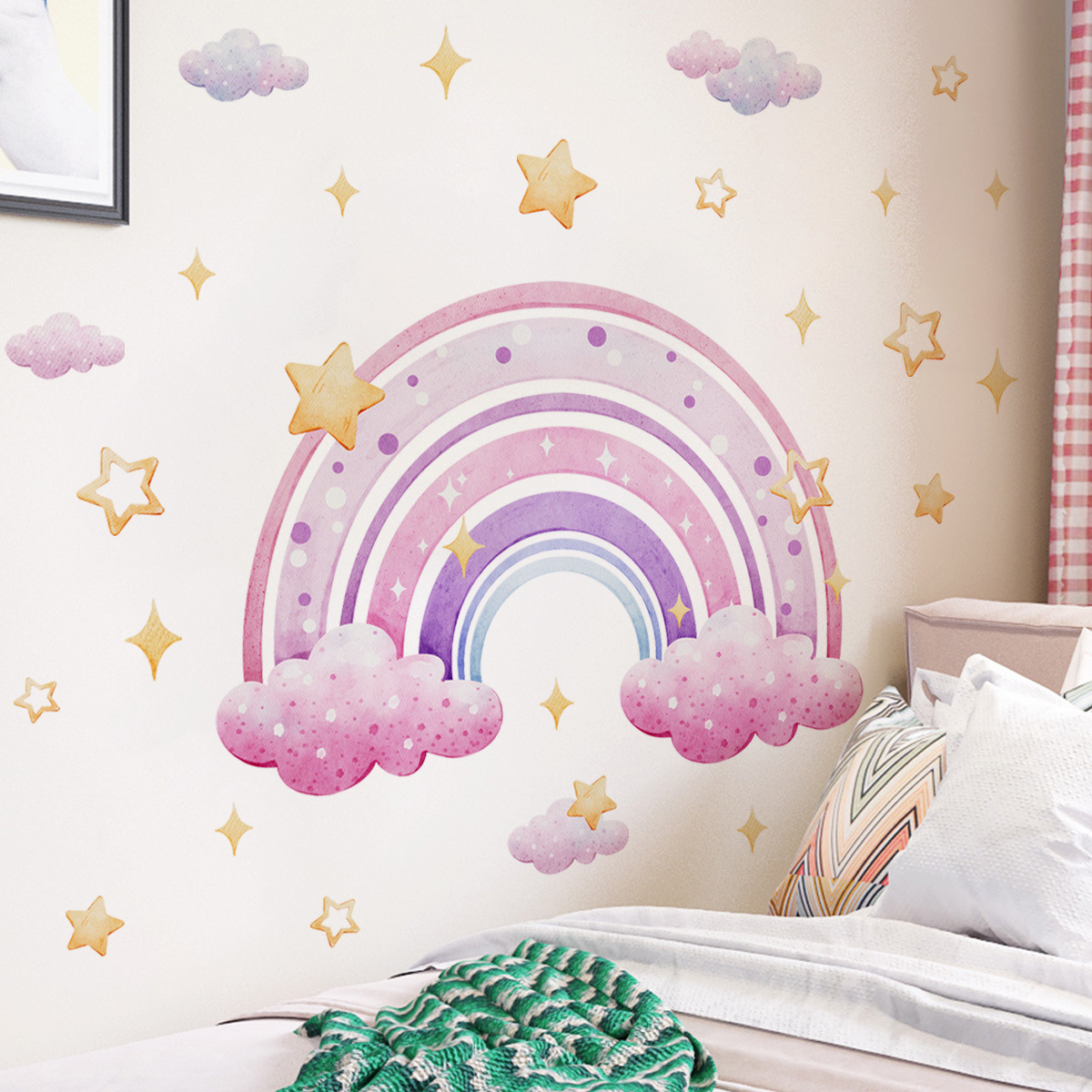 Baby Nursery Wall Art - 取り外し可能な漫画のステッカー,子供部屋の背景の壁画,カラフルな虹の星と雲,赤ちゃんの部屋の壁のステッカー,家の装飾