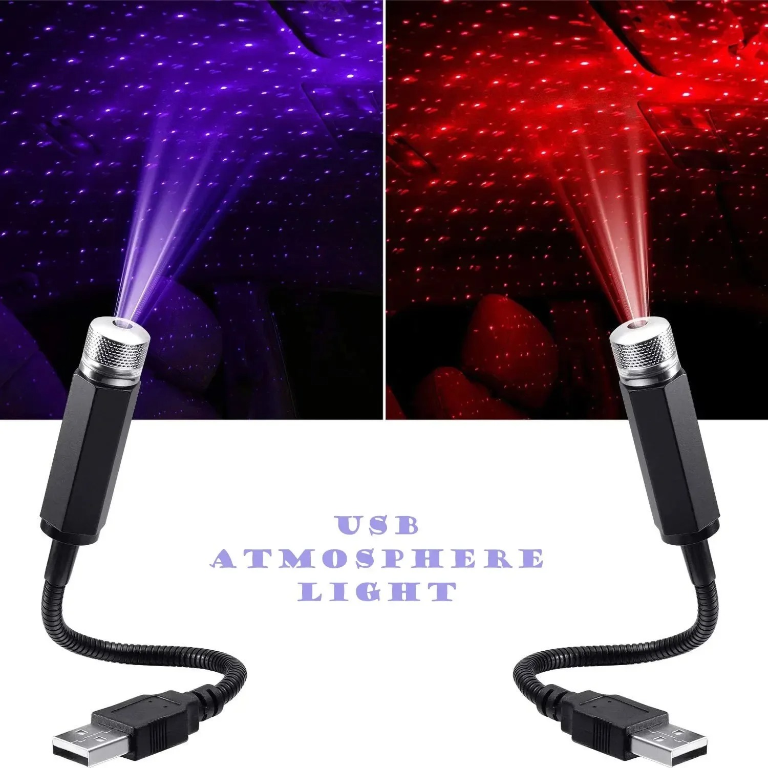 Night Light Projector Stars - USBカースタープロジェクターナイトライト、赤紫LED雰囲気ランプ、プラグアンドプレイ調整可能なグースネックインテリア装飾ライト（車用）