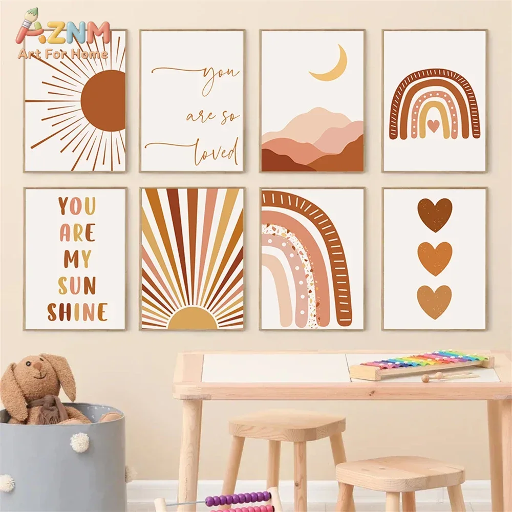 Baby Nursery Wall Art - AZNM ボヘミアン サンムーン レインボー キャンバス ウォールアート、ニュートラル