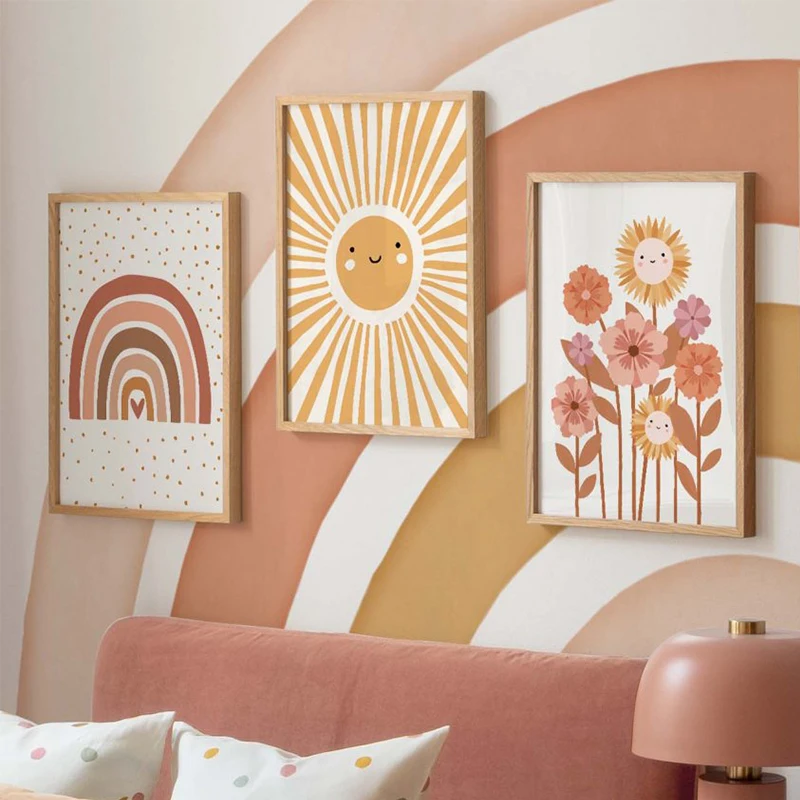 Baby Nursery Wall Art - キャンバス絵画 カラフルな虹 太陽 雲 花 ポスタープリント