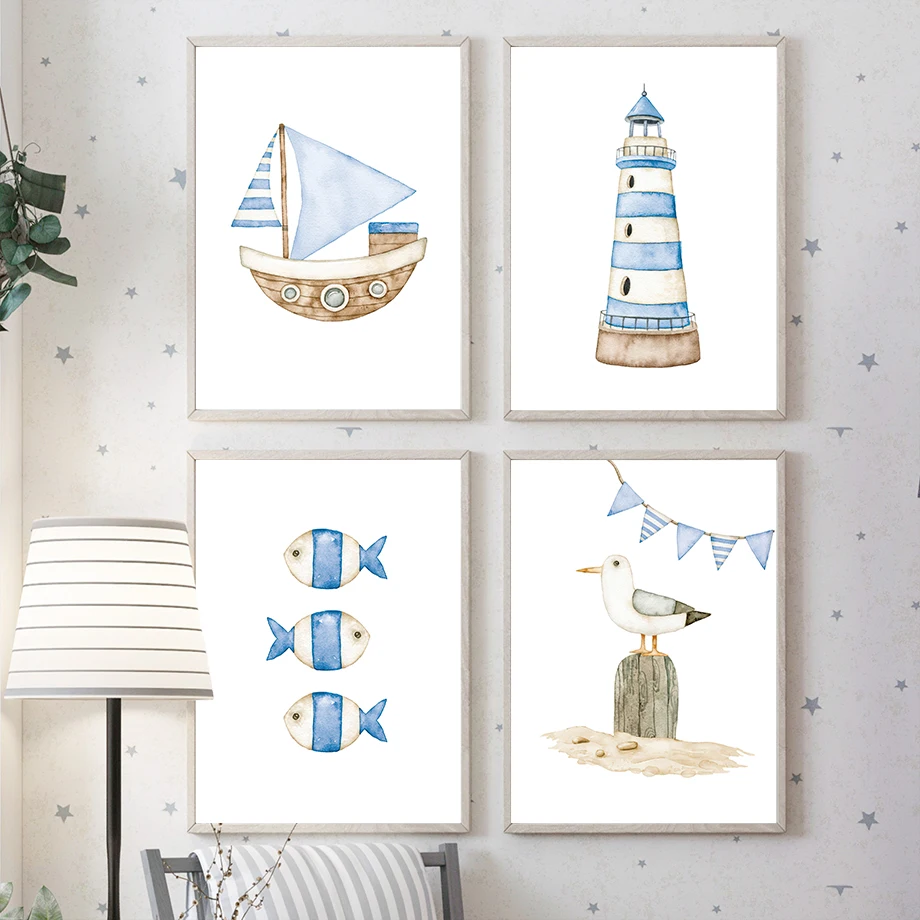 Baby Nursery Art - 帆船灯台魚航海保育園ポスターとプリントキャンバス絵画北欧壁アート写真ベビーキッズルームホームデコ