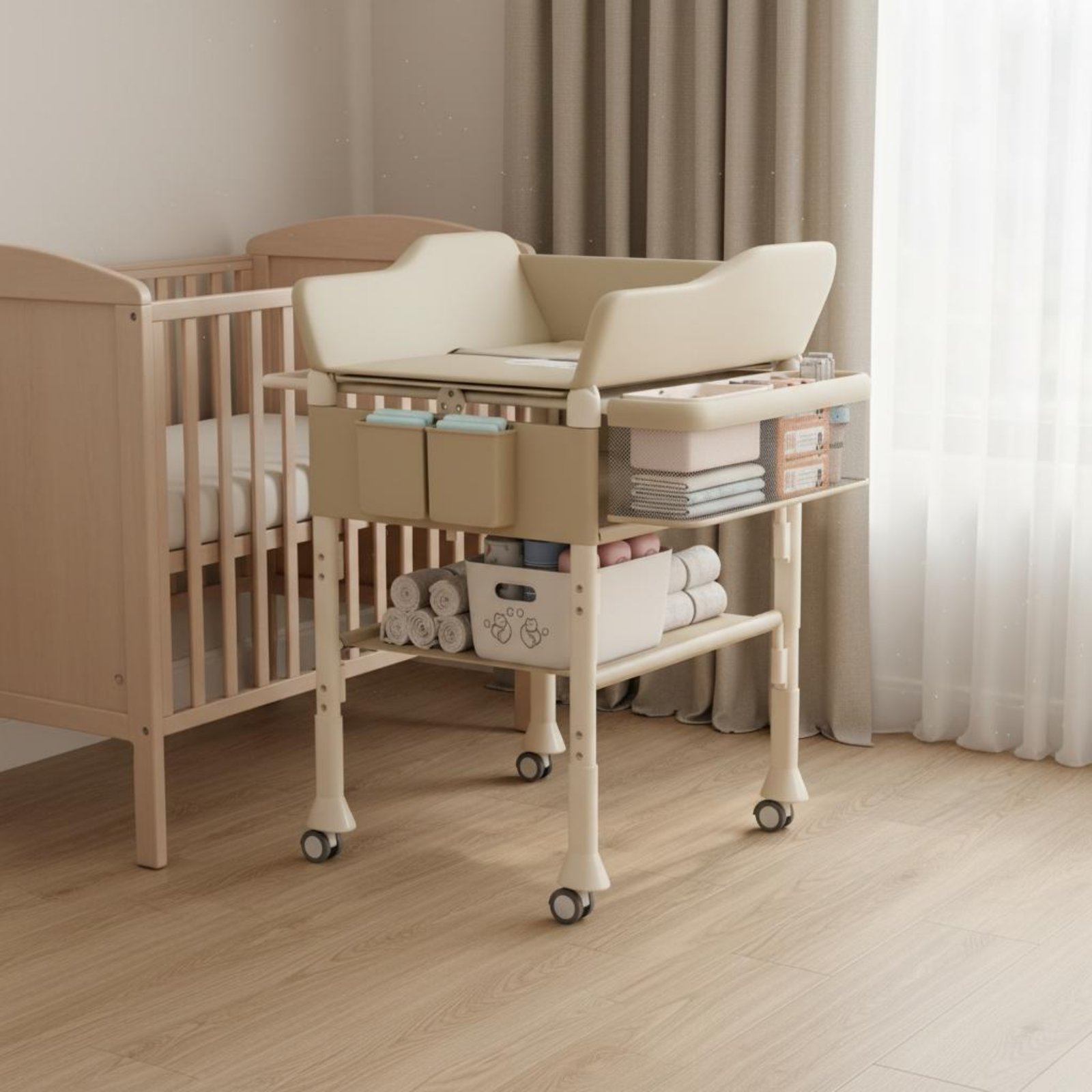 Baby Nursery Furniture - ベビーバス＆おむつ替え台コンボ 2in1 高さ調節可能 ベビーケアテーブル 移動式おむつ替え台 簡単折りたたみ