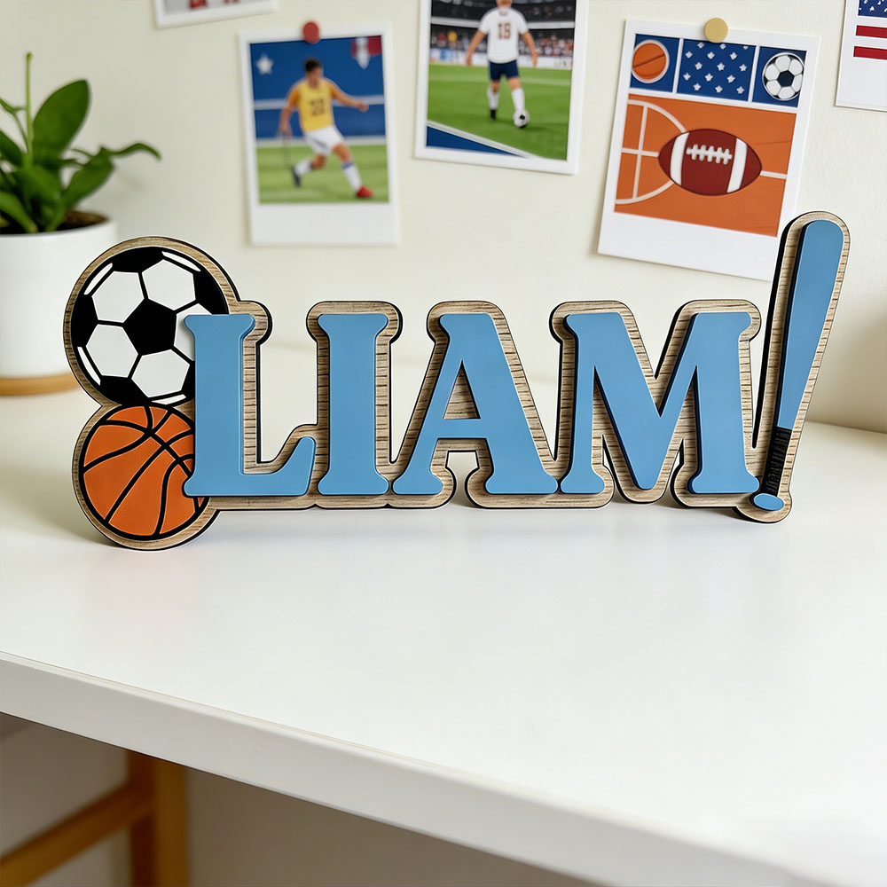 Baby Nursery Themes Boy - カスタムサッカーバスケットボール野球名入りドアサイン 男の子の寝室用 パーソナライズされたアスレチックスポーツをテーマにした木製保育園用飾り板
