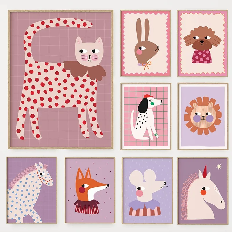 Baby Nursery Wall Art - 漫画かわいい動物イラストポスター犬猫マウスライオンユニコーンキャンバス絵画壁アート子供部屋保育園家の装飾