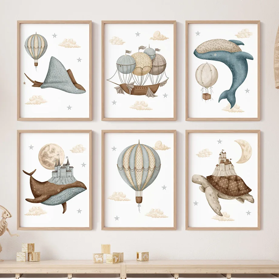 Baby Nursery Art - クジラカメ城バルーン北欧保育園壁アートポスターアートプリントキャンバス絵画写真ベビーキッズルーム家の装飾