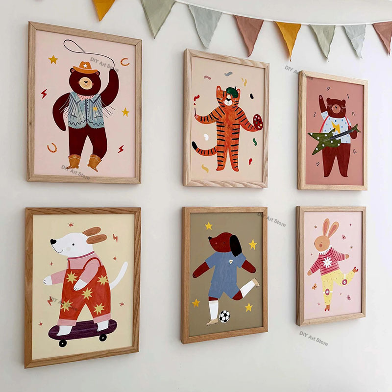 Baby Nursery Art - 面白い漫画の動物の保育園用ウォールアートキャンバス絵画、クマ、トラ、ウサギ、ネズミ、犬のポスター＆プリント、赤ちゃん子供部屋の装飾