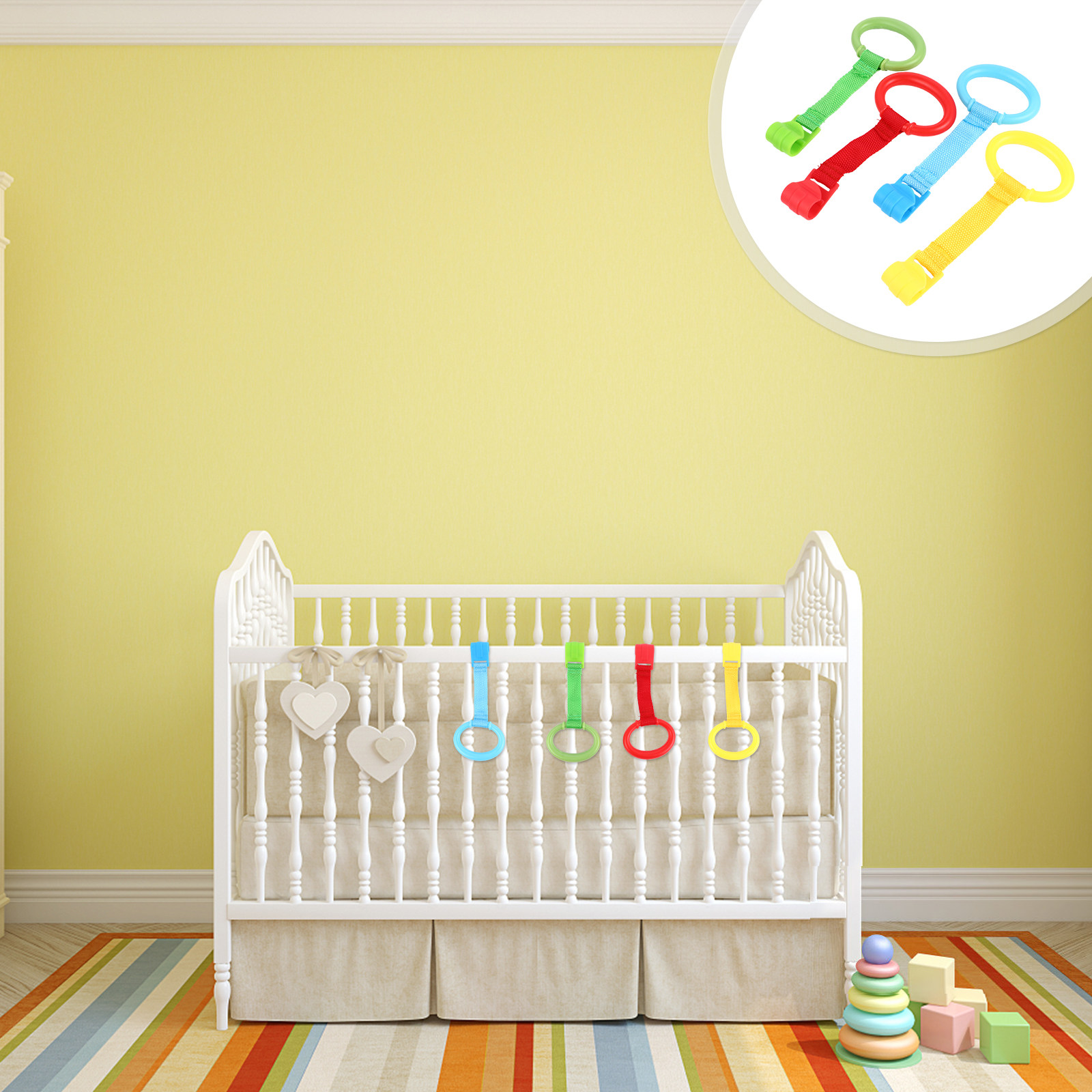 Baby Nursery Crib - 4個入りベビーベッドリング、ベビーベッド用手持ちリング、強力な人間工学に基づいた幼児用立ち上がり補助リング、保育園ベッド用手持ちリング