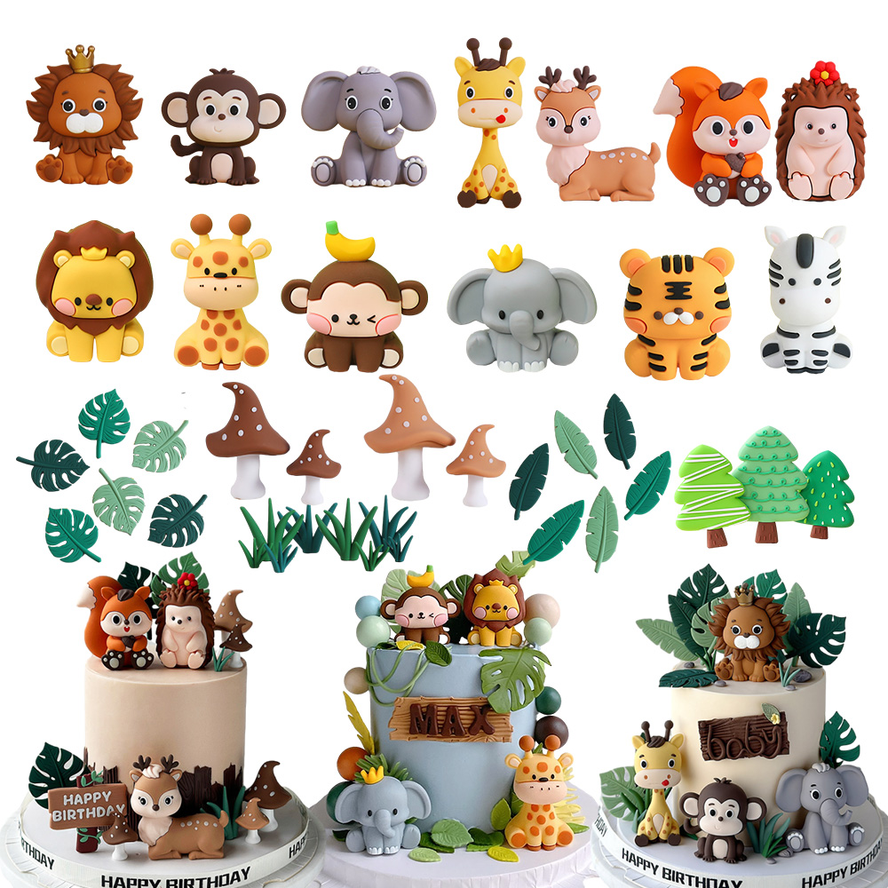 Baby Nursery Jungle Theme - サファリアニマルケーキトッパーセット - ライオン、ゾウ、キリン ジャングルテーマの1歳の誕生日、ベビーシャワー、キッズパーティーデコレーション用