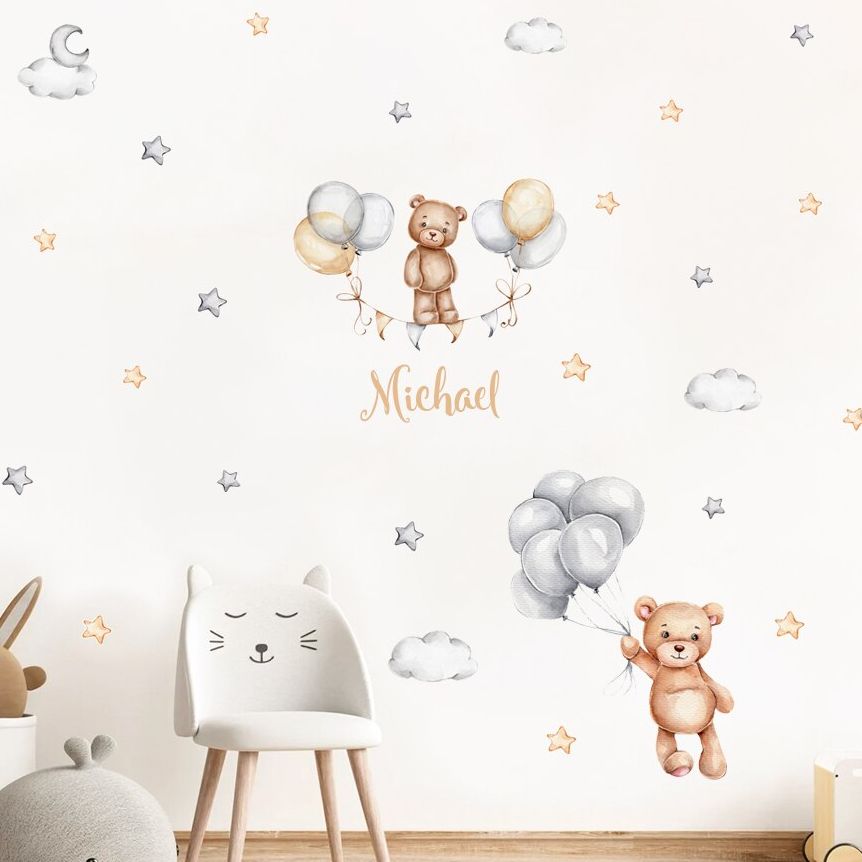 Baby Nursery Furniture - カスタムベビーネームベアバルーンフラッグスターズ水彩ウォールステッカー取り外し可能なビニールウォールデカール壁画保育園子供部屋の装飾