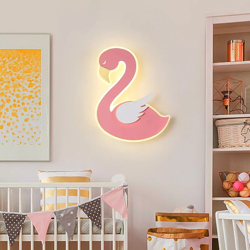 Baby Nursery Light Fixture - フラミンゴ LED ウォールランプ、北欧メタル燭台、保育園ダイニングルーム寝室用のかわいい動物ライト、ベビーナイト照明器具