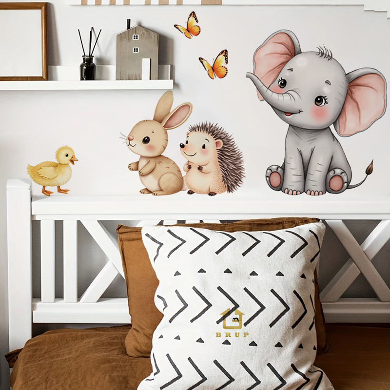 Baby Nursery Wall Art - 漫画の動物の壁ステッカー - 象バニーハリネズミ保育園デカール、取り外し可能な子供部屋の装飾プレイルームウォールアートホーム