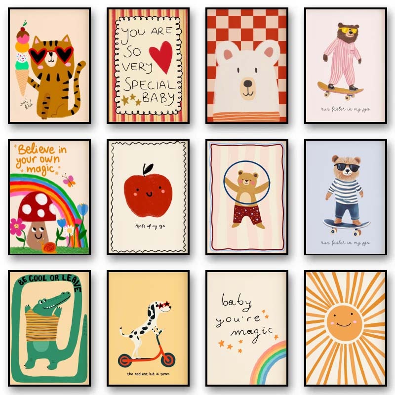 Baby Nursery Wall Art - 動物ポスタープリント北欧風花柄ウサギ子供部屋クールなくまガチョウウォールアート風変わりなウサギプリント子供部屋プレイルームデ