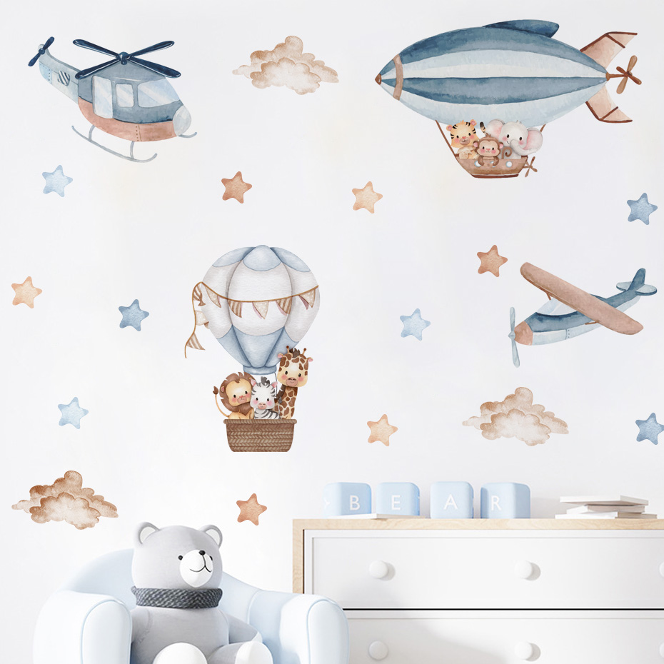 Baby Nursery Furniture - 水彩動物熱気球雲ウォールステッカーキッズルームベビー保育園ルームウォールステッカー男の子ルームステッカーウォールステッカー