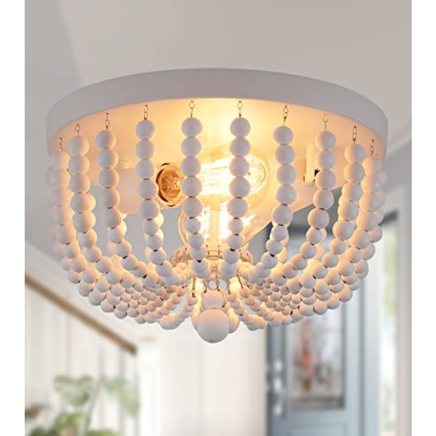 Baby Nursery Light Fixture - フラッシュマウント天井照明器具、2灯式木製ビーズボヘミアンシャンデリア、保育園、子供部屋、寝室、ダイニングルーム、リビングルーム用