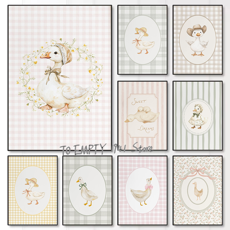 Baby Nursery Wall Art - 愚かな小さなガチョウ保育園アヒルギンガムチェック柄農場動物ガチョウアヒル赤ちゃんポスターキャンバス絵画壁の写真ホーム保育園ルームデコレーション