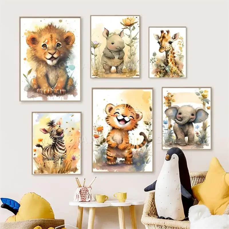 Baby Nursery Art - 水彩ライオンキリン虎象シマウマ保育園壁アートキャンバス絵画動物ポスタープリント写真ベビーキッズルームの装飾