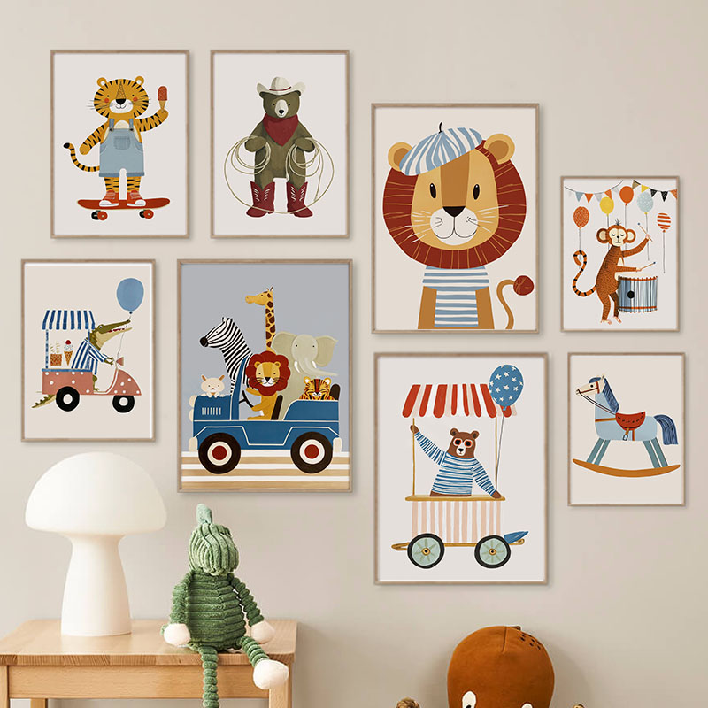 Baby Nursery Wall Art - 面白い漫画の動物車風船保育園ウォールアートキャンバス絵画ライオンベアタイガーポスター＆プリント写真ベビーキッズルームデコレーション