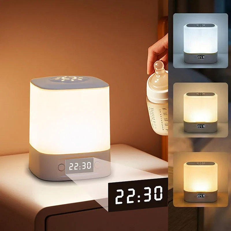 Baby Nursery Egg Light - LEDナイトライトベッドサイドランプ、タッチリモコン付きポータブルベビーキッズナイトライト（時計付き）、3色調光可能、タイマーテーブルランプ