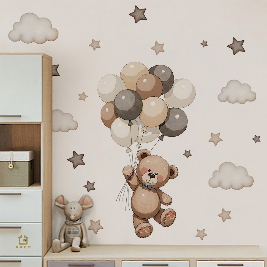 Baby Nursery Furniture - 愛らしいテディベアの壁用ステッカー、風船、星、雲付きの取り外し可能な装飾、子供の寝室、プレイルーム、ベビーナーサリー用
