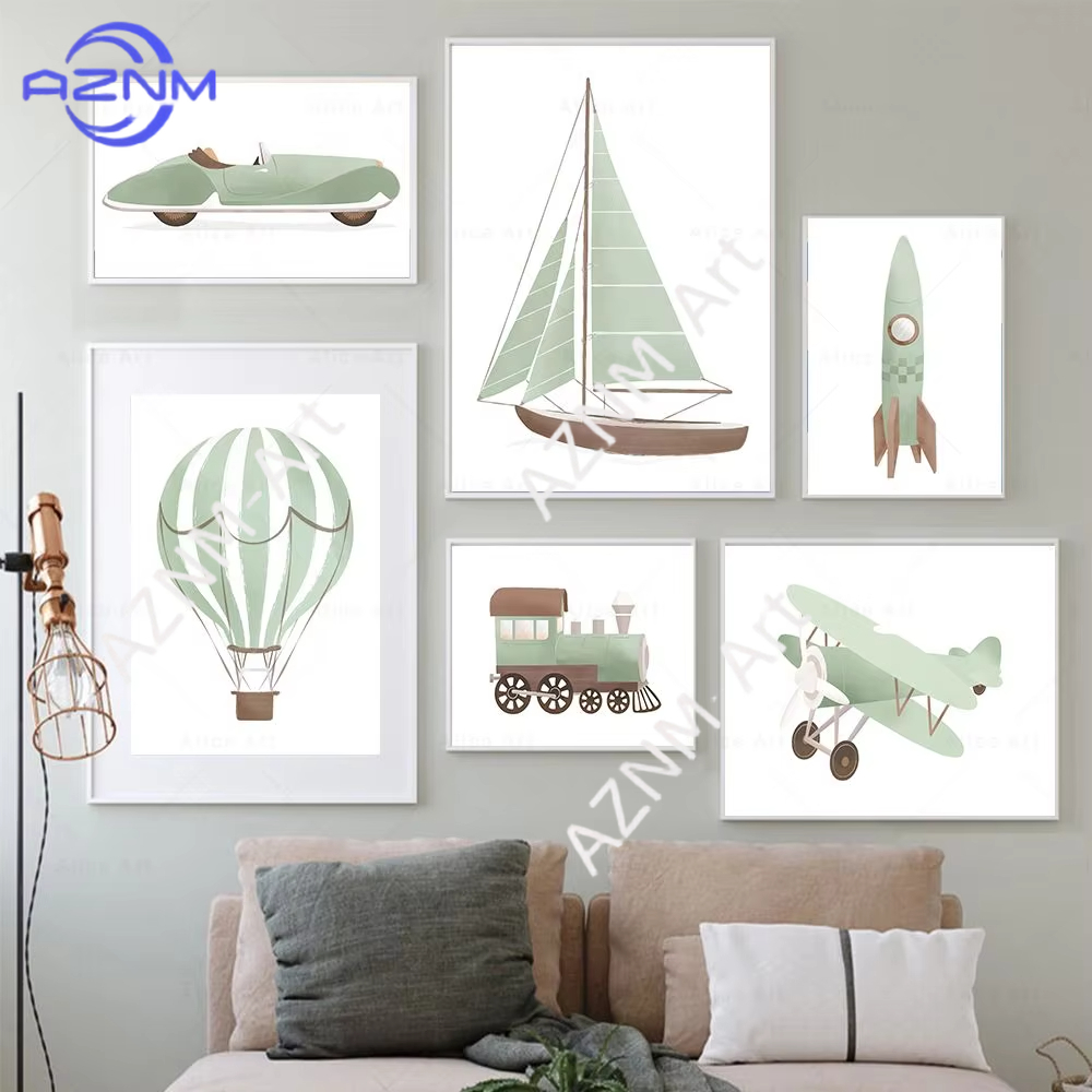 Baby Nursery Wall Art - 1PC 飛行機熱気球航海ヨット壁アート旅行保育園子供プレイルームポスターブルーセージグリーンプリント装飾