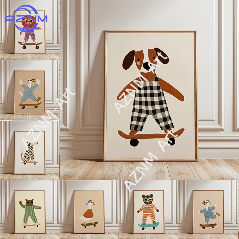 Baby Nursery Wall Art - 1PC 面白い動物スケートボードポスタートレンディなガチョウアヒル犬スケートキャンバス絵画壁アートベビー保育室家の装飾用