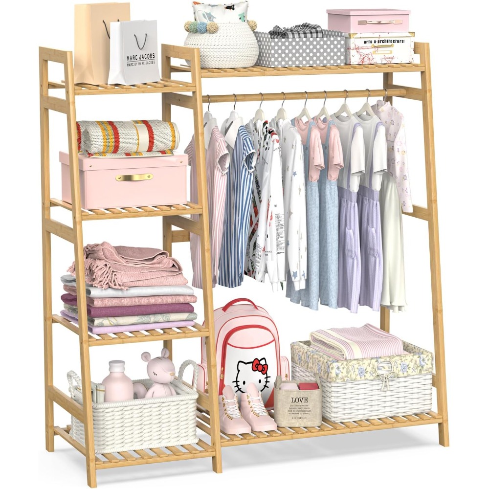 Baby Nursery Shelves - アメリカ発送 子供服ラック 棚付き 竹製衣類ラック 子供用 ベビー服収納