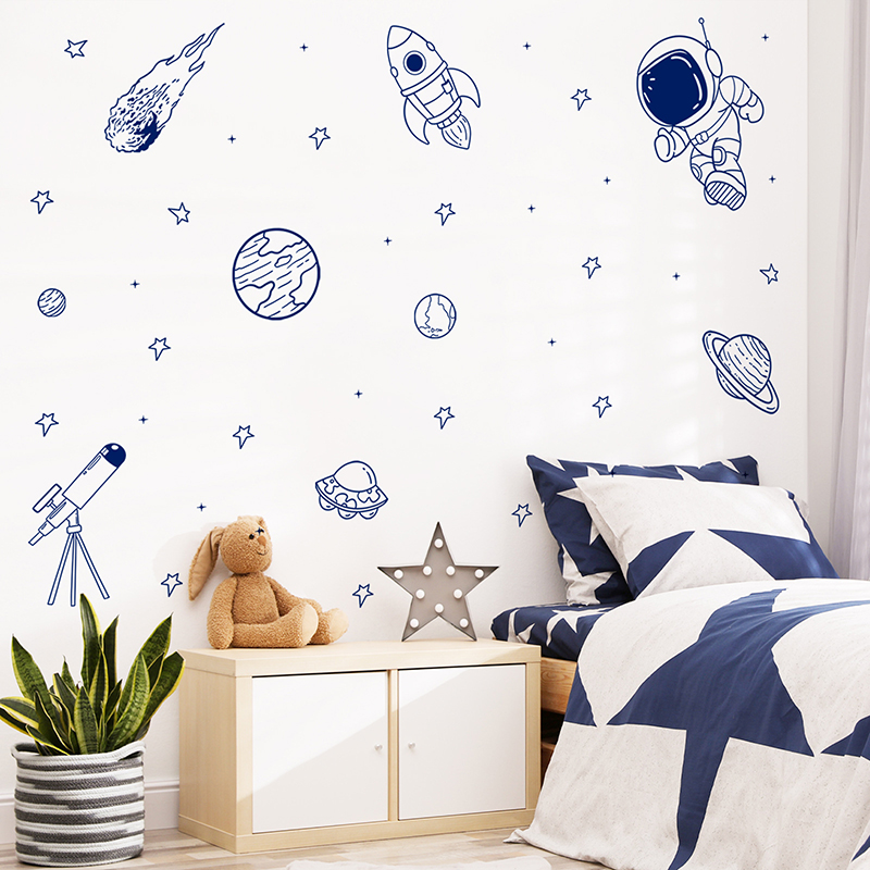 Baby Nursery Furniture - 漫画宇宙宇宙飛行士惑星ロケットウォールステッカー自己粘着子供部屋用男の子の寝室保育園の壁の装飾