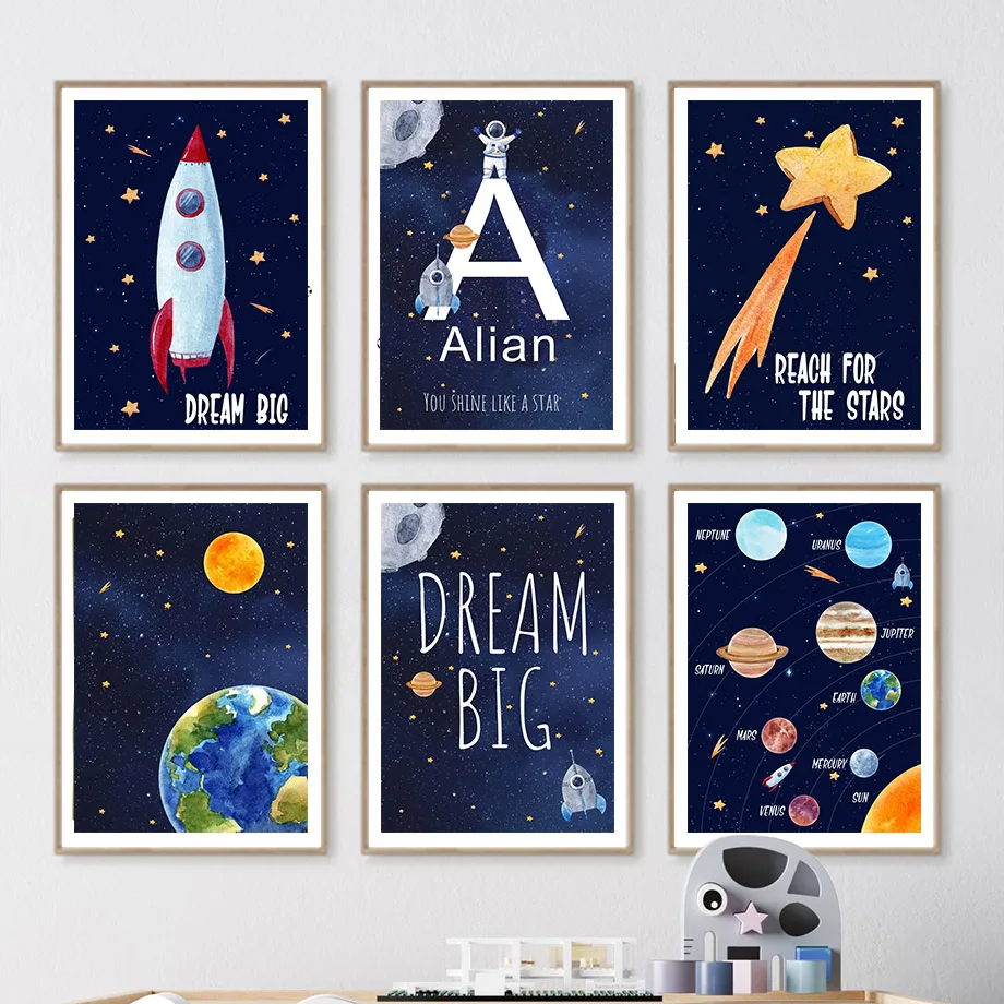 Baby Nursery Art - 1pc キャンバス絵画カスタム名キッズルーム装飾壁アートプリント宇宙宇宙飛行士インテリアポスターベビーキャンバス装飾