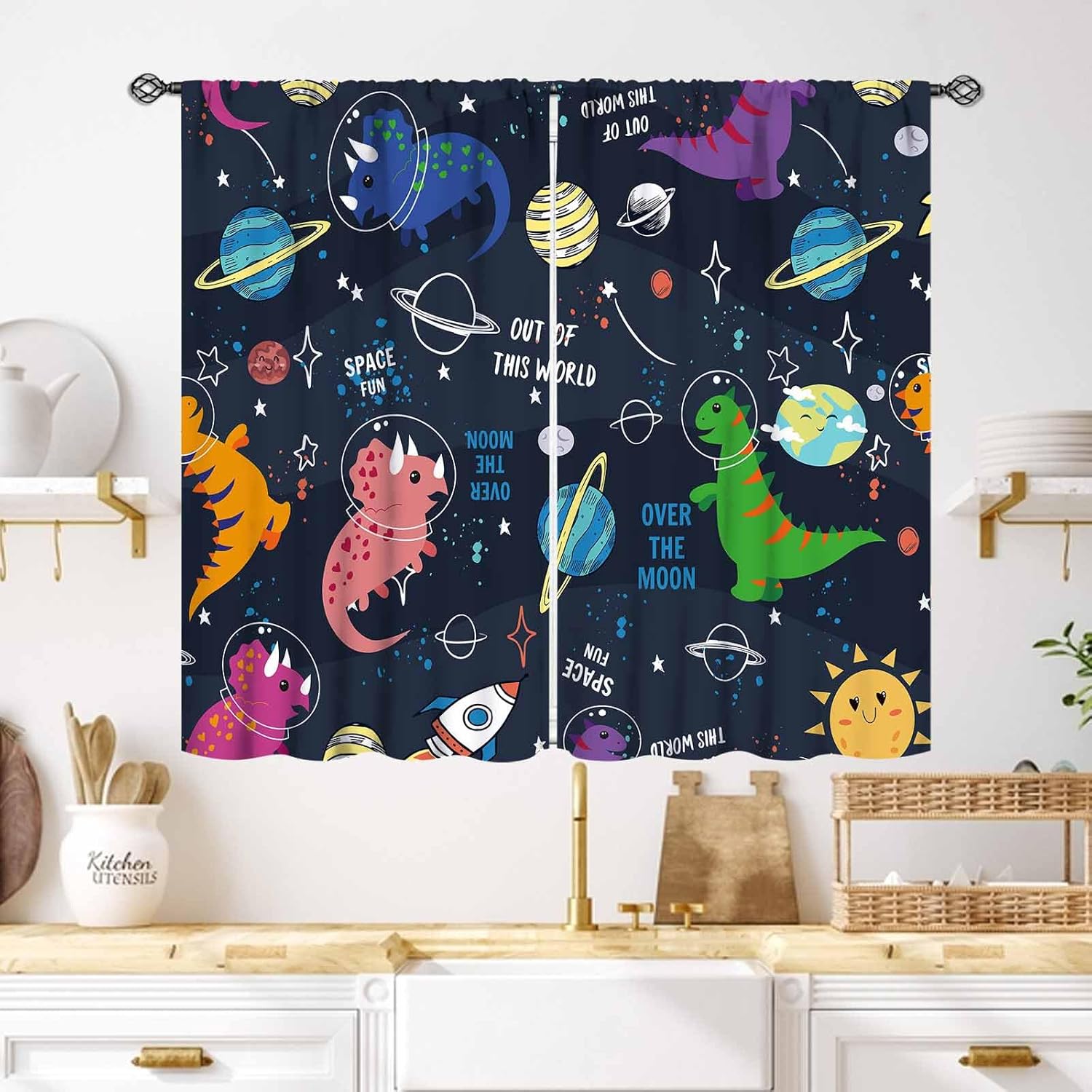 Baby Nursery Themes Boy - 恐竜カーテン 子供部屋用、漫画の動物恐竜宇宙惑星宇宙飛行士テーマ 男の子用ベビー保育園窓装飾