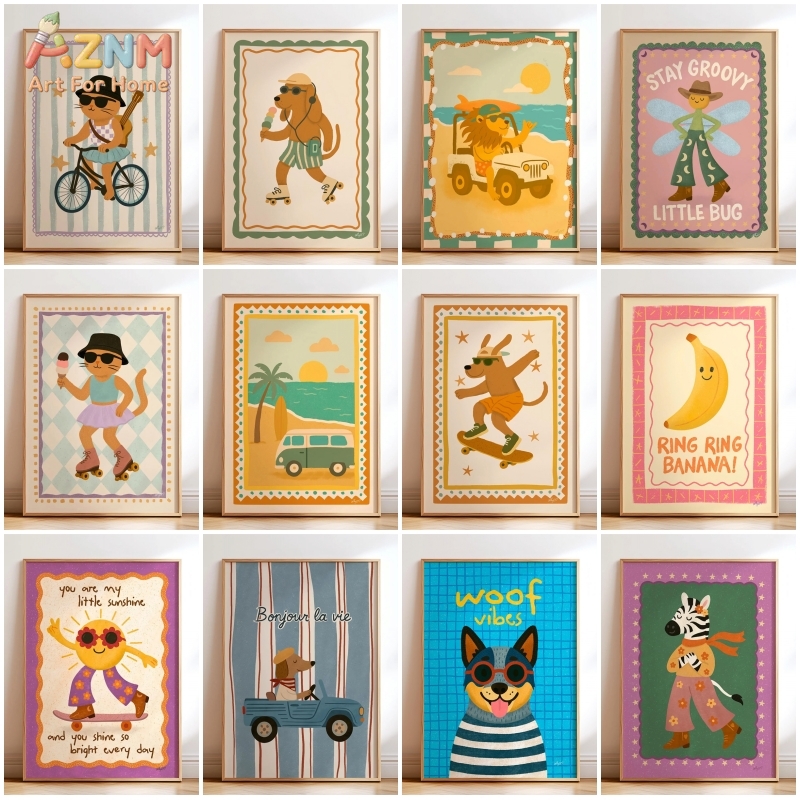 Baby Nursery Wall Art - AZNM レトロでグルービーなかわいい動物キャンバスウォールアート、ファンキーな猫、犬、ゼブラプリントの額なし絵画、ボヘミアンスタイルの保育園子供部屋の壁装飾、C