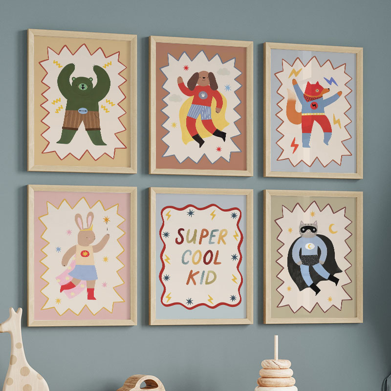 Baby Nursery Wall Art - 面白い漫画の超クールな子供部屋の壁飾りキャンバス絵画、クマ、ウサギ、キツネのポスター＆プリント、赤ちゃん子供部屋の装飾用絵画