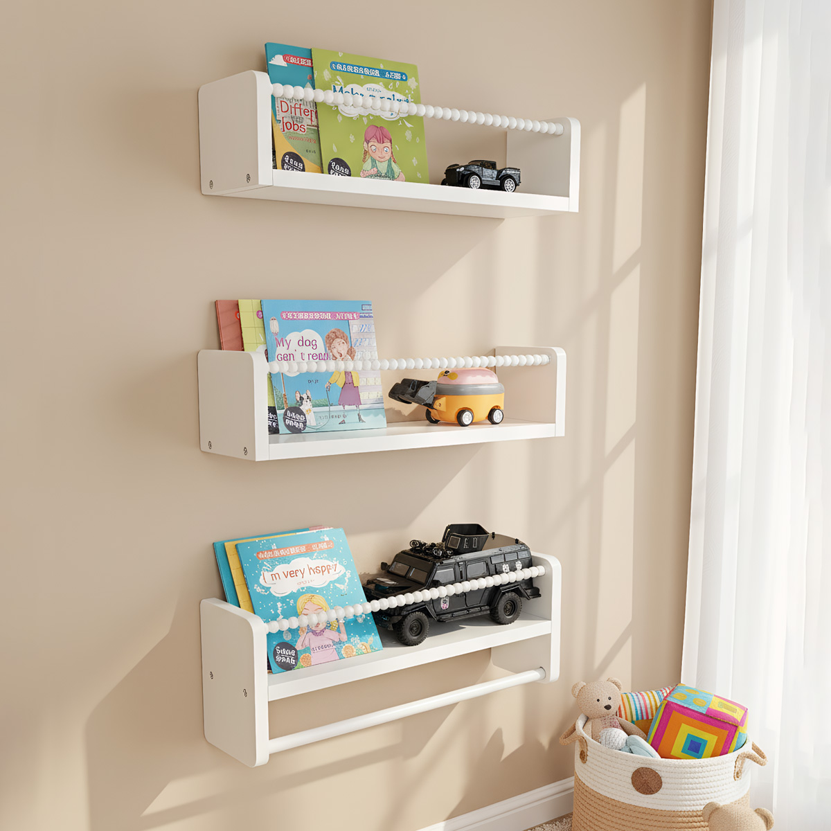Baby Nursery Shelves - 木製ナーサリーブックシェルフ、15.7インチの壁掛けフローティングブックシェルフ3個セット、ベビーキッズデコレーション、無垢材壁掛け棚