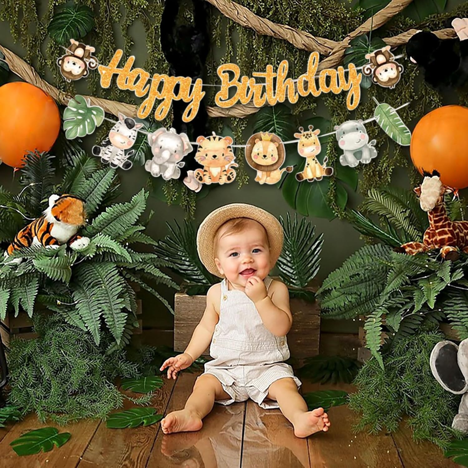 Baby Nursery Jungle Theme - ジャングルサファリハッピーバースデーバナー ゴールドレター キュートな動物柄 ワイルドワンパーティー ベビーシャワー キッズ誕生日