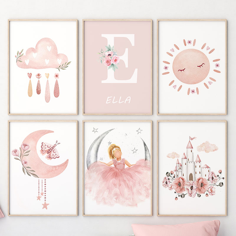 ピンクの天使の女の子日月雲白鳥城壁アート保育園キャンバス絵画 - Baby Nursery Girl のレビューと価格