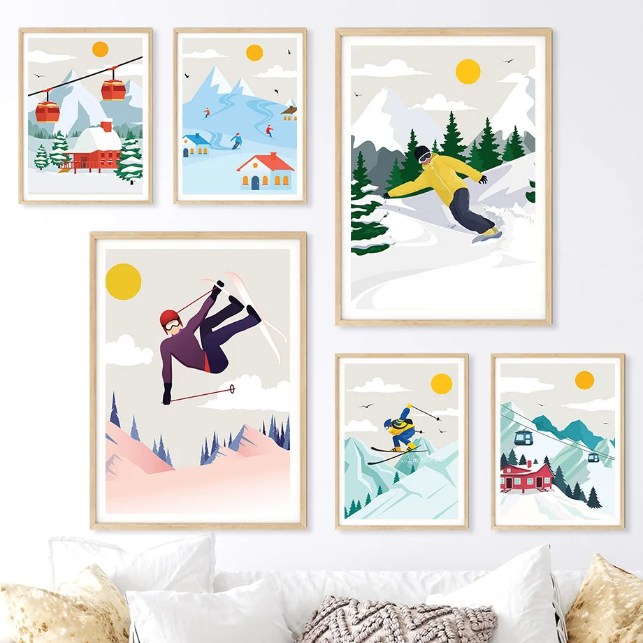 ミニマリストな雪山キャンバスウォールアート - スキー＆スノ - Baby Nursery Themes Boy のレビューと価格