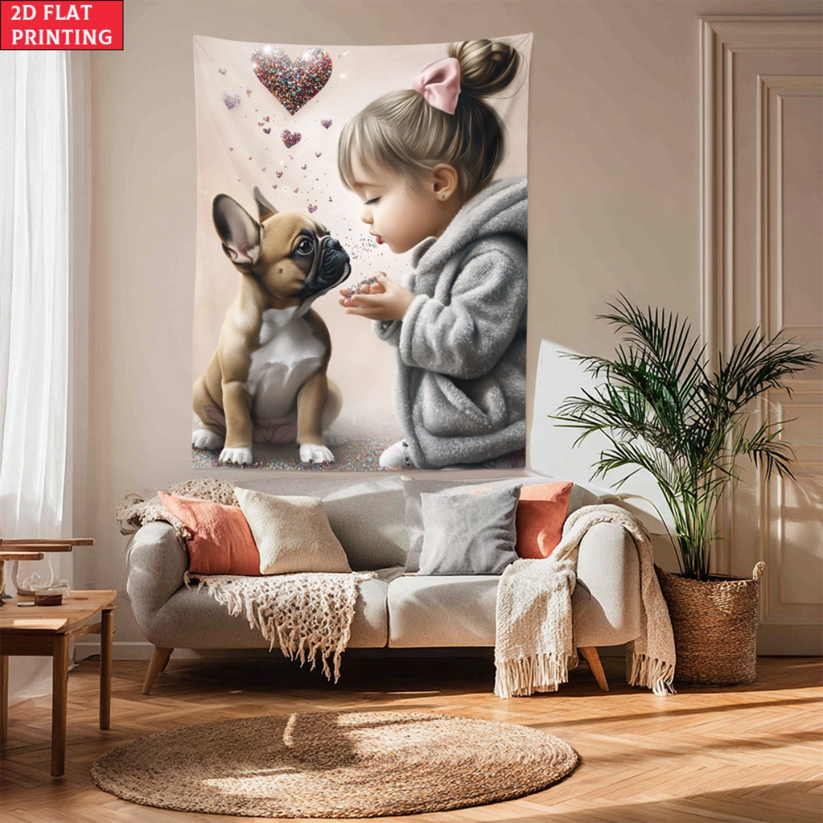 フレンチブルドッグの子犬を持つ女の子 ハート愛タペストリー  - Baby Nursery Girl のレビューと価格