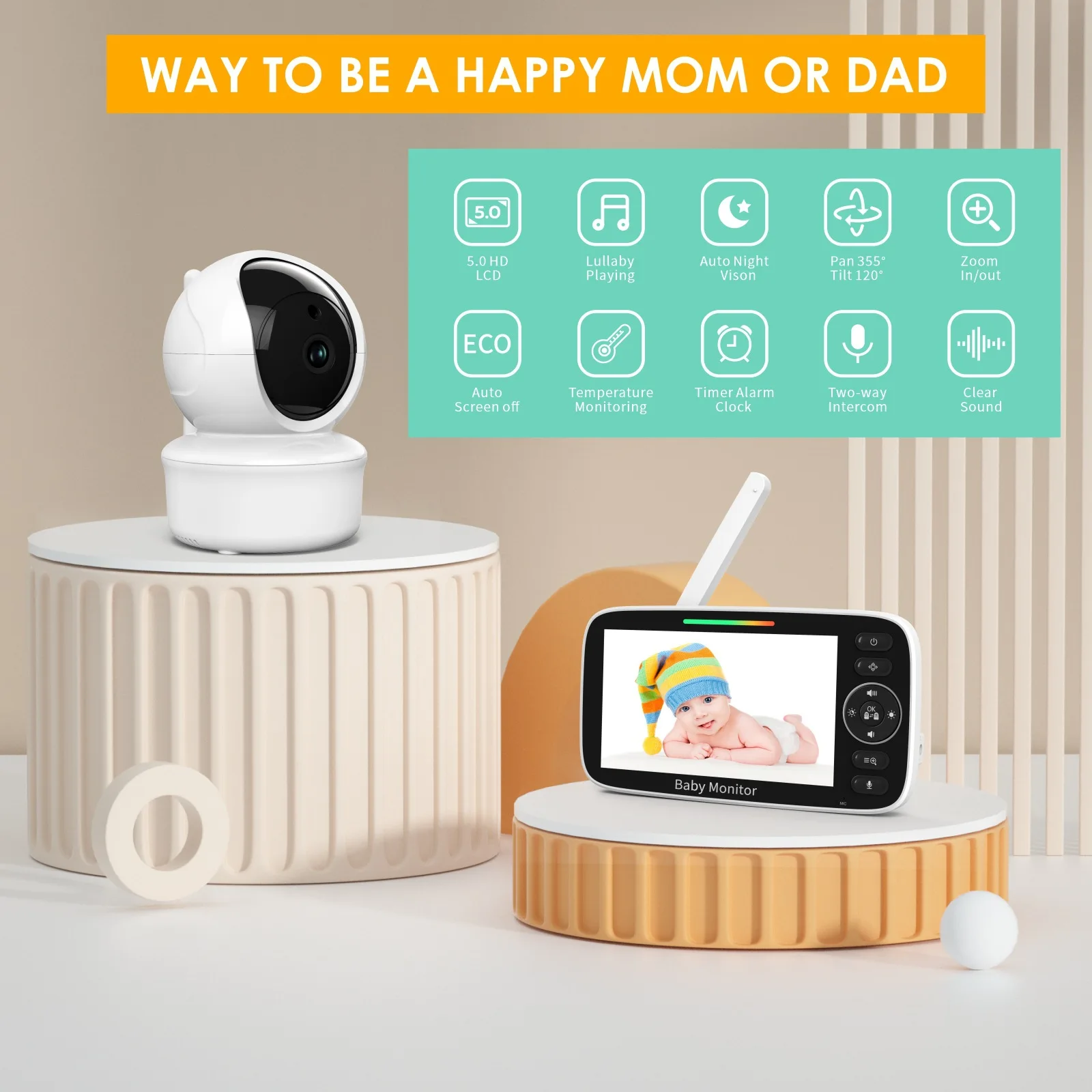 5インチLCDスクリーン付きベビーモニター、720P HDビ - Baby Nursery Temperature のレビューと価格