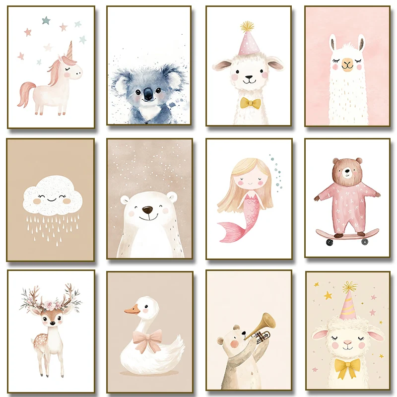 かわいい水彩ユニコーンマーメイドラマガチョウ鹿クマポスターキ - Baby Nursery Wall Art のレビューと価格