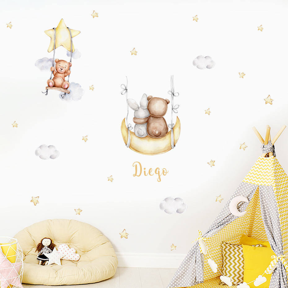 カスタムベビーネームベアバルーンフラッグスターズ水彩ウォール - Baby Nursery Furniture のレビューと価格