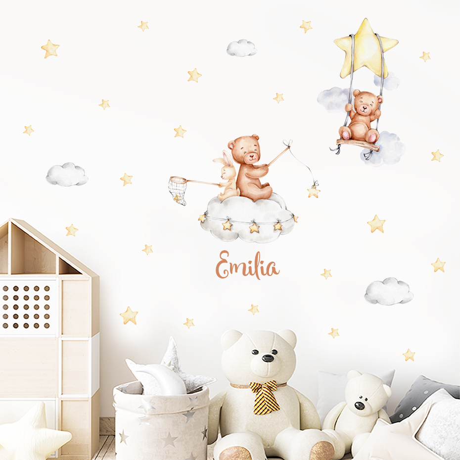 カスタムベビーネームベアバルーンフラッグスターズ水彩ウォール - Baby Nursery Furniture のレビューと価格