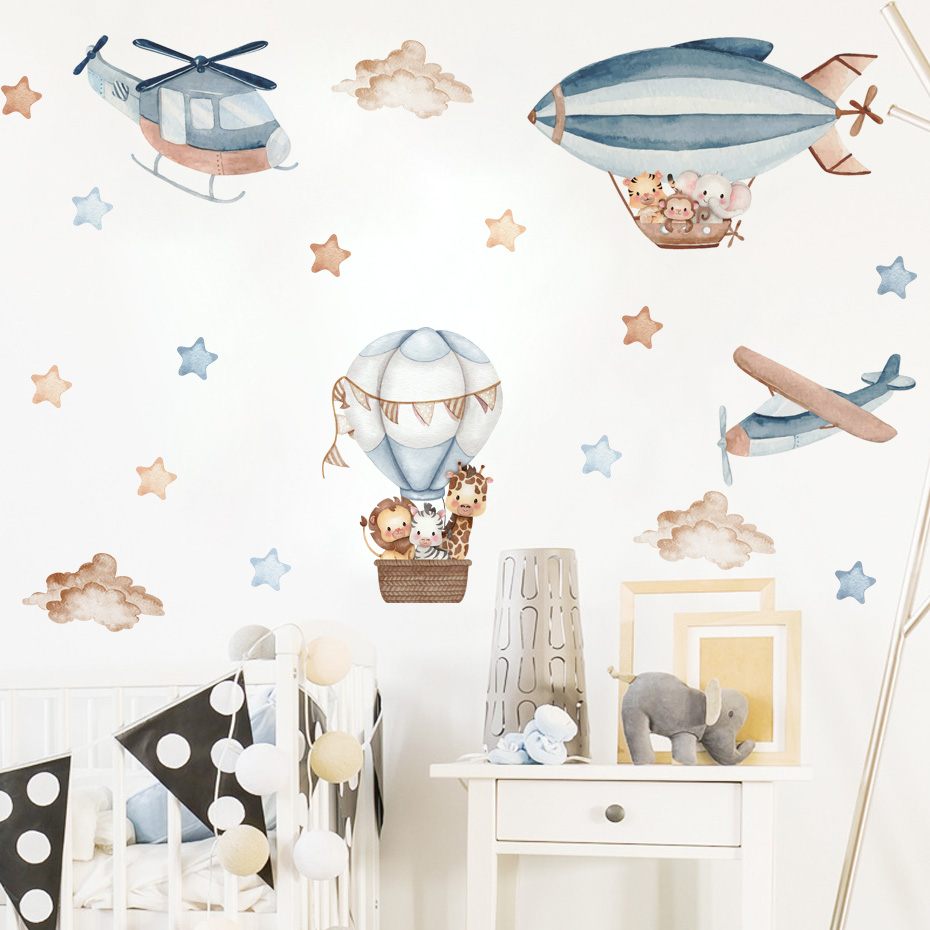 水彩動物熱気球雲ウォールステッカーキッズルームベビー保育園ル - Baby Nursery Furniture のレビューと価格