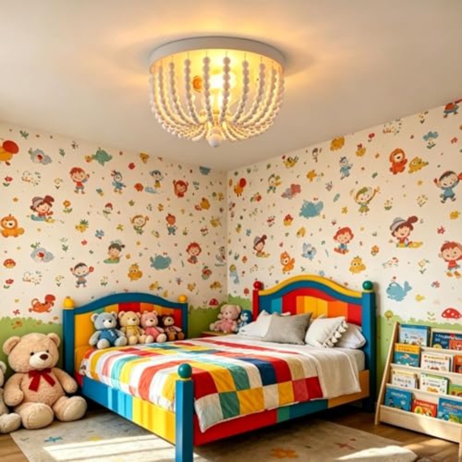 フラッシュマウント天井照明器具、2灯式木製ビーズボヘミアンシ - Baby Nursery Light Fixture のレビューと価格